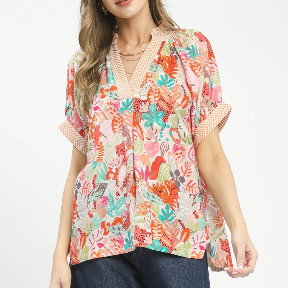Umgee Mix Boho Printed V-Neck Top